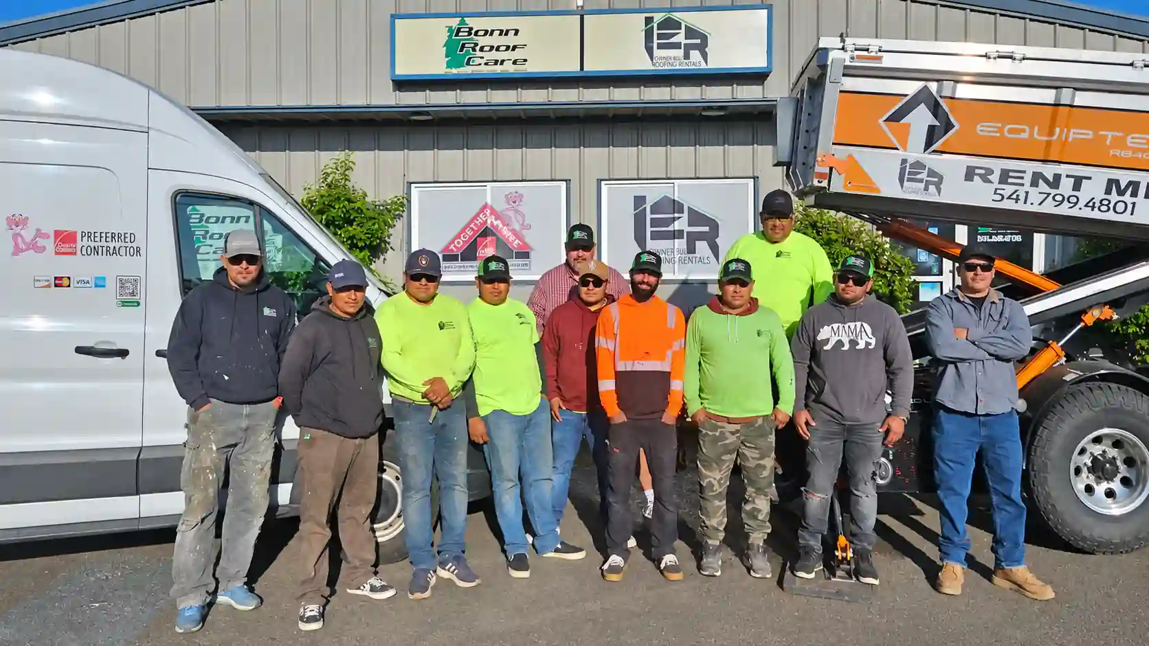 Bonn Roof Care team outside the company shop with a branded van and roofing equipment.